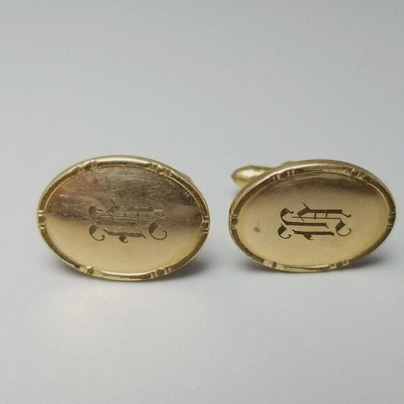 Vintage H Monogram Yellow Gold Filled Oval Cufflinks, Correct Dolan & Bullock - Picture 8 of 8